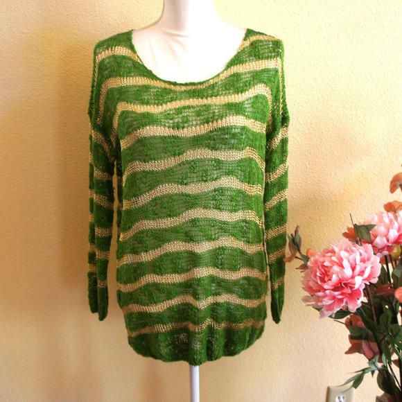 NWOT-Green & Gold Sheer Mesh Sweater - Picture 2 of 9